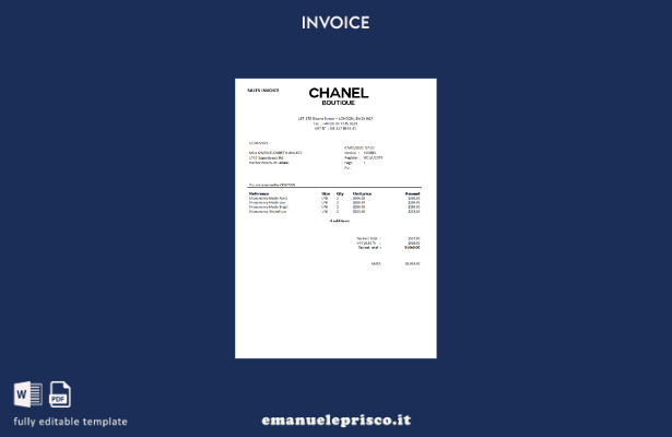 modello boutique Chanel fattura di vendita in stile verificato